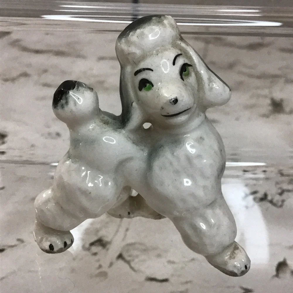 Vintage Porcelain Poodle Figurine‎ White Puppy Dog Green Eyes Approx 2